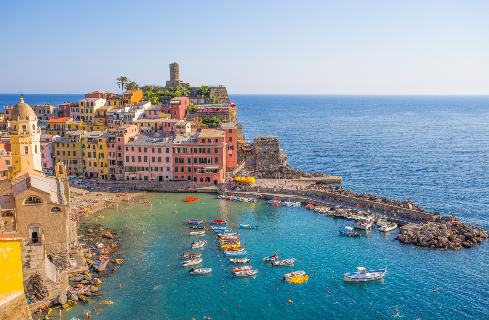 VERNAZZA, ITALY, JULY 31, 2017 - Panoramic view of Vernazza, 5 Terre, La Spezia province, Ligurian coast, Italy.